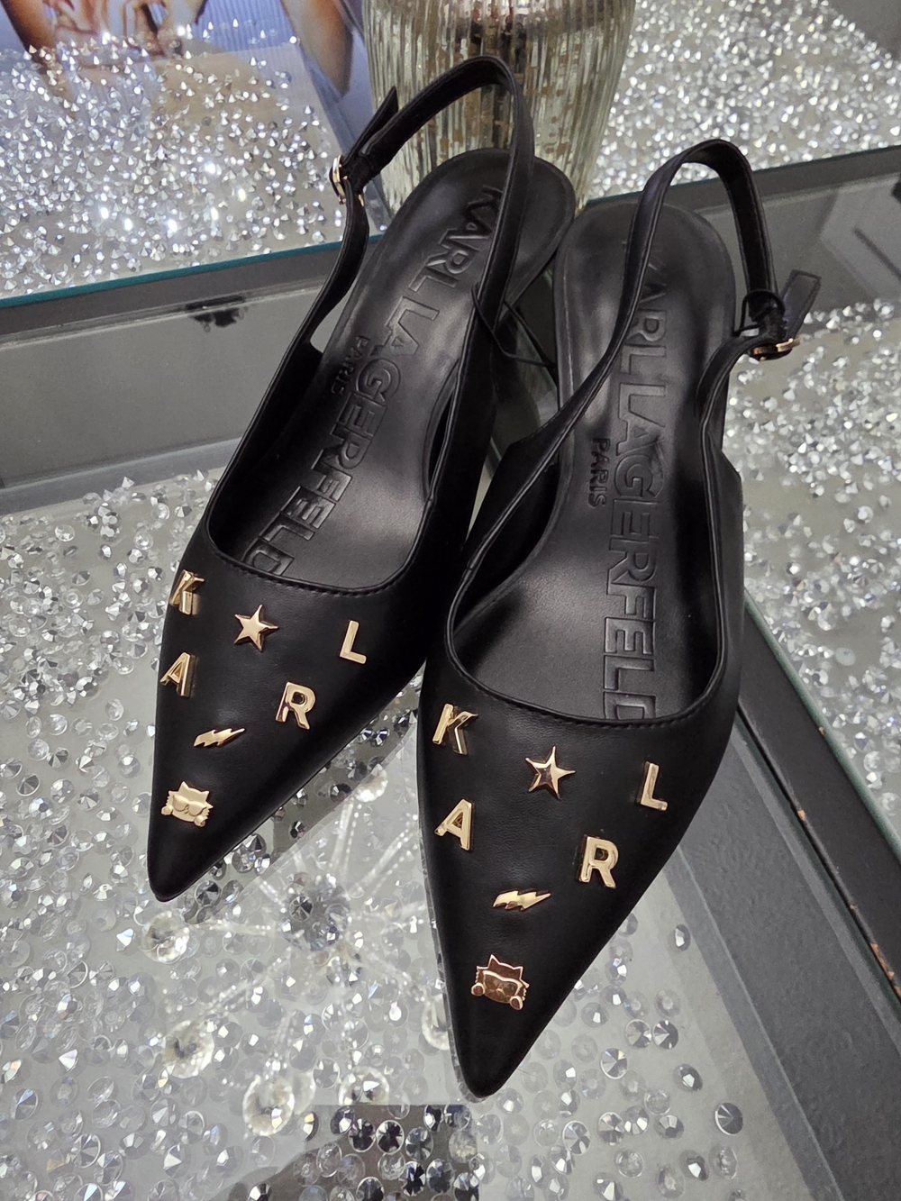 Karl Lagerfeld Black Slingback Pointed-Toe Heels with Gold Accent